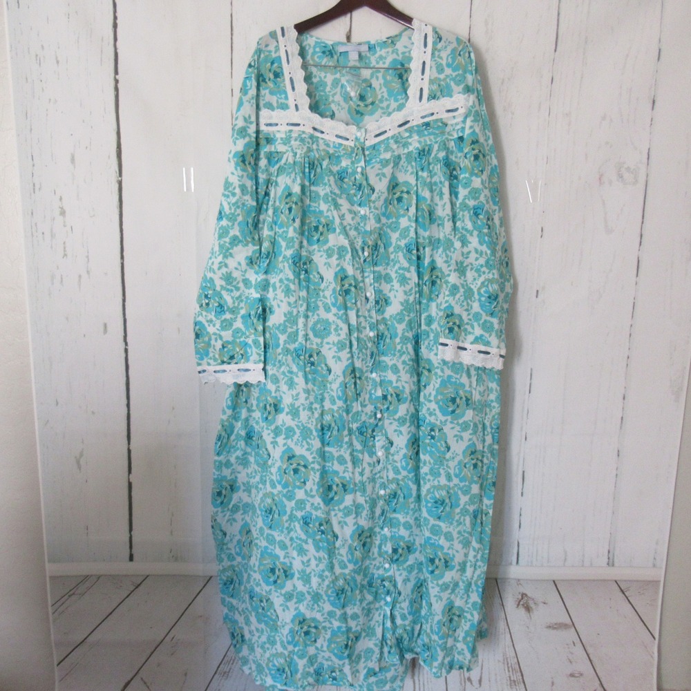 Only Necessities Nightgown Robe Penoir Set 4X Green Floral Cottagecore‎ Romantic